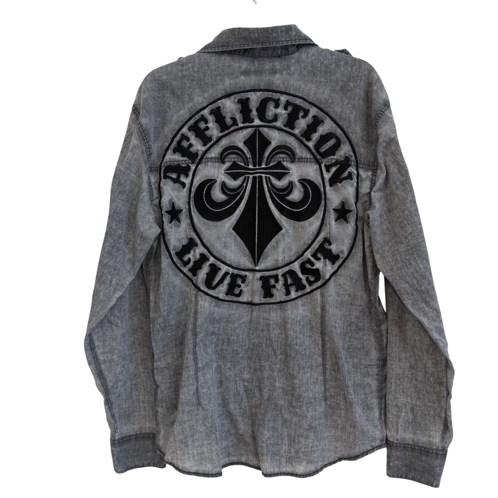 Affliction Black Premium Mens XL Gray Acid Wash Live Fast Embroidered Shirt XL